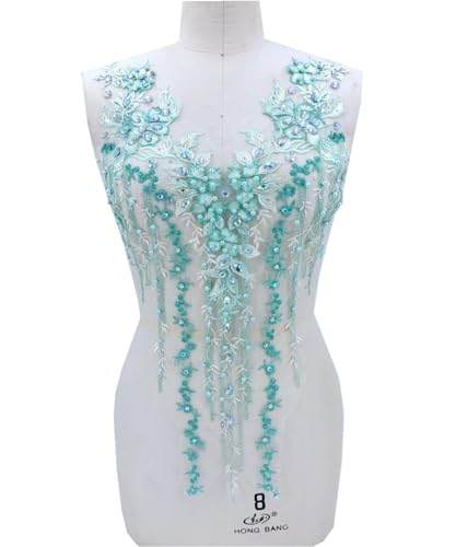 Spitzenapplikation 3D mit Perlen bestickt, Blumen, Strass, Besatz-Patches, ideal für Handarbeiten, Ausschnitt, Mieder, Hochzeit, Braut und Ballkleid(Green B) von dadouer