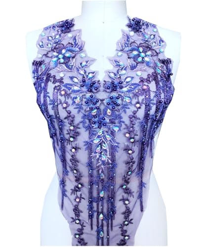 Spitzenapplikation 3D mit Perlen bestickt, Blumen, Strass, Besatz-Patches, ideal für Handarbeiten, Ausschnitt, Mieder, Hochzeit, Braut und Ballkleid(Purple B) von dadouer