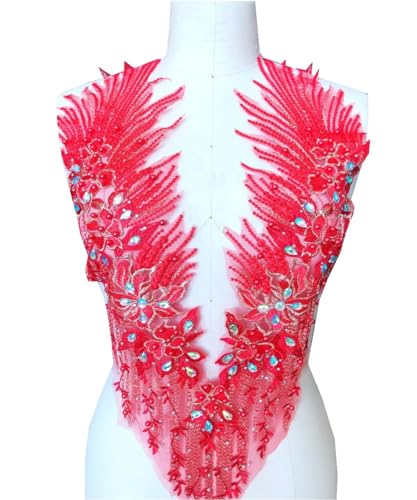 Spitzenapplikation 3D mit Perlen bestickt, Blumen, Strass, Besatz-Patches, ideal für Handarbeiten, Ausschnitt, Mieder, Hochzeit, Braut und Ballkleid(Red A) von dadouer