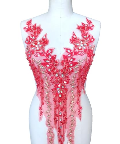 Spitzenapplikation 3D mit Perlen bestickt, Blumen, Strass, Besatz-Patches, ideal für Handarbeiten, Ausschnitt, Mieder, Hochzeit, Braut und Ballkleid(Red B) von dadouer