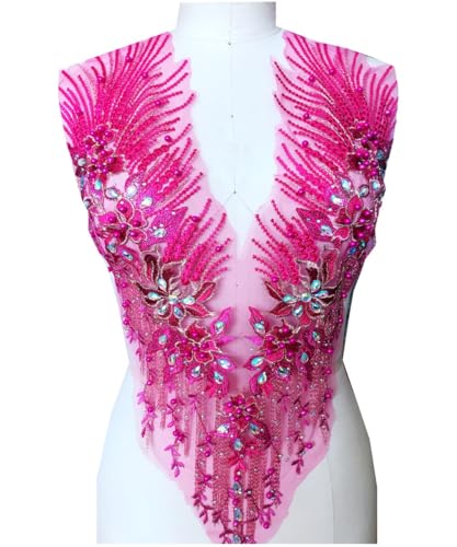Spitzenapplikation 3D mit Perlen bestickt, Blumen, Strass, Besatz-Patches, ideal für Handarbeiten, Ausschnitt, Mieder, Hochzeit, Braut und Ballkleid(Rosy A) von dadouer