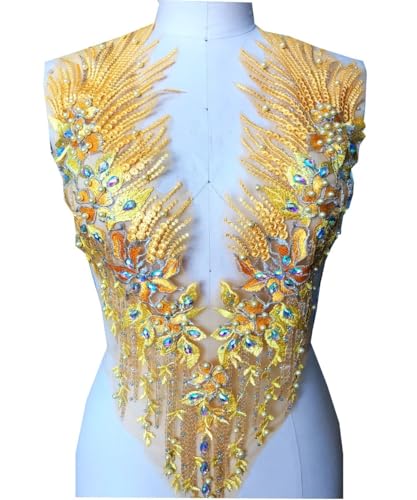 Spitzenapplikation 3D mit Perlen bestickt, Blumen, Strass, Besatz-Patches, ideal für Handarbeiten, Ausschnitt, Mieder, Hochzeit, Braut und Ballkleid(Yellow A) von dadouer