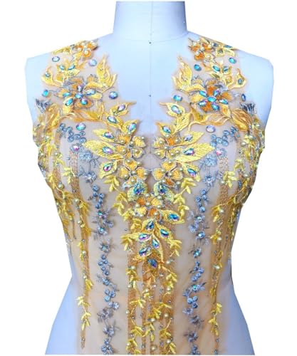 Spitzenapplikation 3D mit Perlen bestickt, Blumen, Strass, Besatz-Patches, ideal für Handarbeiten, Ausschnitt, Mieder, Hochzeit, Braut und Ballkleid(Yellow B) von dadouer