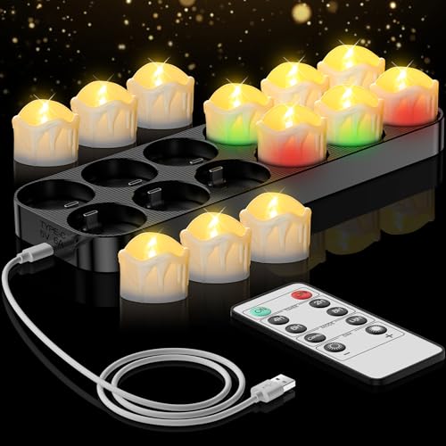 Aufladbare LED Teelichter mit Fernbedienung, 12er Set Timerfunktion und Ladestation - Flackernde Elektrische Kerzen für Wohnzimmer, Tischdeko, Halloween, Weihnachten von daphomeu
