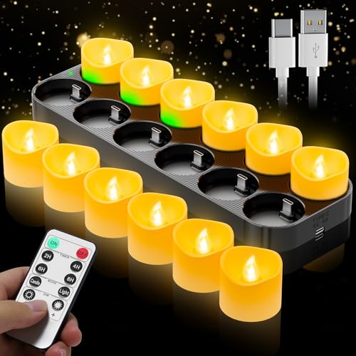 Wiederaufladbare LED Teelichter 12 Stück mit Fernbedienung und Timerfunktion, Elektrische Kerzen mit USB-C Ladestation für Hochzeiten Partys Dekoration, Flammenlose Teelichter Set für Zuhause von daphomeu