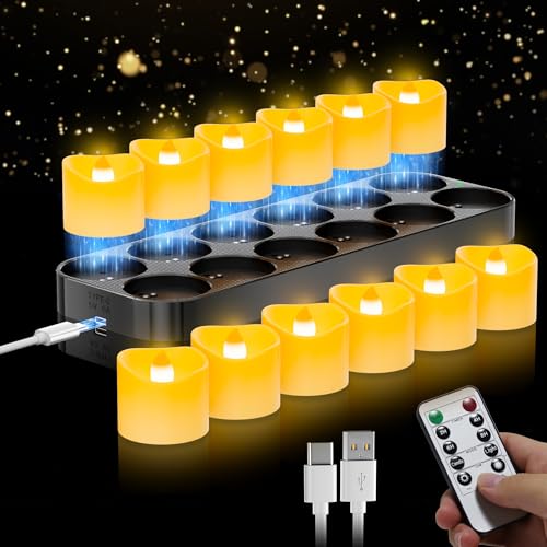daphomeu 12er Set Wiederaufladbare LED Teelichter mit Fernbedienung und Timerfunktion - Magnetische Ladestation, 100H+ Betrieb, Flackernde Elektrische Kerzen für Weihnachtsdeko & Tischdekoration von daphomeu
