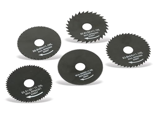 DAYTOOLS Mini-Sägeblätter SB-50.8-5 | 5-teiliges HSS-Sägeblätter Set | Außen-Ø 50,8 mm | Innen-Ø 11,1 mm | Drehzahl max. 4300 U/min | 44, 60, 80 und 100 Zähne | Ideal für Mini-Handkreissägen von daytools