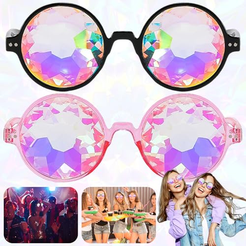 dcas 2 Stück 4D Kaleidoskop Brille Regenbogen, Kaleidoskop Brille Prisma, Brille Mit Steampunk Kaleidoskop, Regenbogen Festivals Rave Brille, Kaleidoskop Partybrille Für Festivals (Schwarz, Pink) von dcas