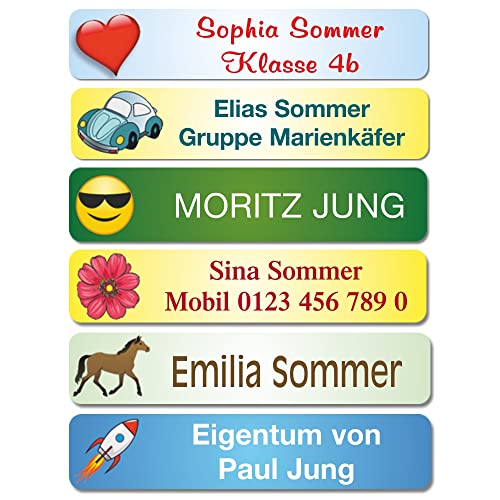 132 Motiv MINI-Namensaufkleber, Namensetiketten, Namensschilder, mit Wunschtext, 6 Motive vom Versandhaus JUNG von de Luxe COLLECTION KARLHEINZ JUNG