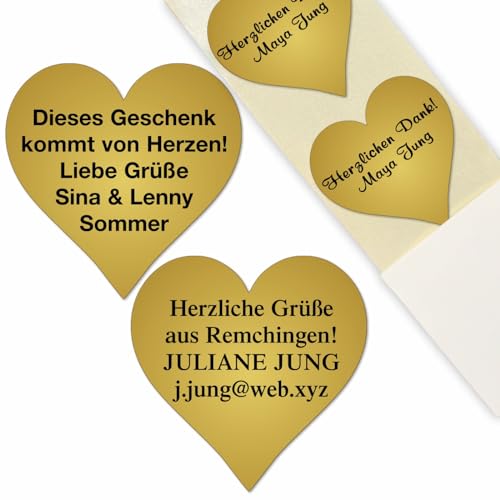 200 goldene Herz-Etiketten, Adressaufkleber, Adressetiketten mit Ihrem Wunschtext auf der Rolle in Spenderbox vom Versandhaus JUNG von de Luxe COLLECTION KARLHEINZ JUNG