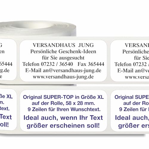 500 wasserfeste Adressaufkleber, Adressetiketten SUPER-TOP XL mit Ihrem Wunschtext auf der Rolle in Spenderbox vom Versandhaus JUNG von de Luxe COLLECTION KARLHEINZ JUNG