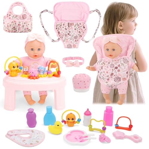 deAO Baby Puppe mit Zubehör, 33 cm Puppe mit Puppentrage Kleidung Fläschchen Puppenstuhl Spielzeug & Puppenzubehör Rollenspiel-Set für Kinder ab 3 Jahren von deAO