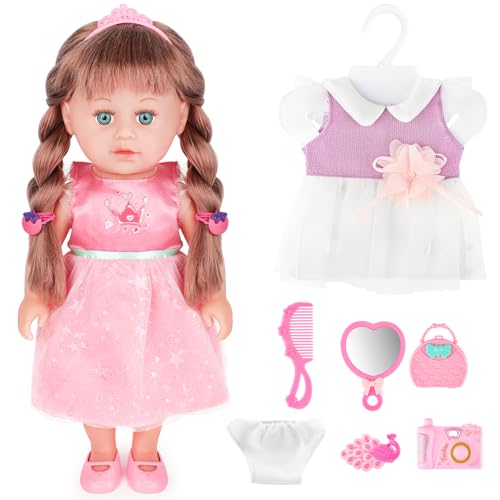 deAO Babypuppen-Spielset, Kleid Spiel Set für 36cm Puppe mit 2 Outfits und Puppenzubehör zum Kämmen und Frisieren, Puppe mit Langen braunes Haaren Tolles Rollenspiel-Spielzeug für Kinder von deAO