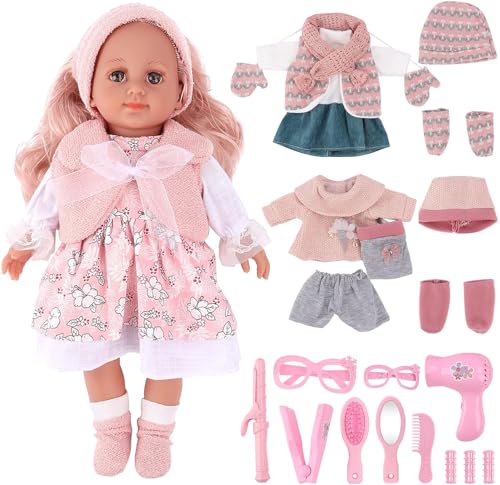 deAO Babypuppen-Spielset, Kleid Spiel Set für 36cm Puppe mit 3 Outfits und Puppenzubehör zum Kämmen und Frisieren, Puppe mit Langen Rosa Haaren Tolles Rollenspiel-Spielzeug für Kinder deAO Babypuppen-Spielset, Kleid Spiel Set für 36cm Puppe mit 3 Outfits und Puppenzubehör zum Kämmen und Frisieren, Puppe mit Langen Rosa Haaren Tolles Rollenspiel-Spielzeug für Kinder von deAO