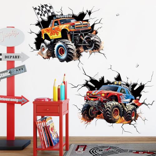 decalmile Wandtattoo 2 Stück 3D Autos Wandaufkleber Rennwagen Lastkraftwagen Junge Wandsticker Kinderzimmer Babyzimmer Spielzimmer Wanddeko von decalmile