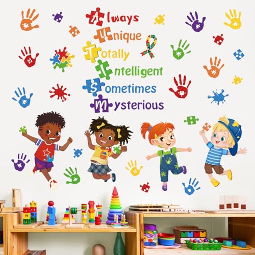 decalmile Wandtattoo Autismus Kind Wandaufkleber Sprüche und Zitate Inspirierende Handabdruck Wandsticker Kinderzimmer Klassenzimmer Spielzimmer Wanddeko von decalmile