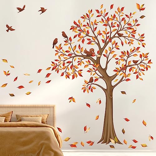 decalmile Wandtattoo Baum Groß Herbst Wandaufkleber Herbstbaum Blätter Vögel Wandsticker Kinderzimmer Schlafzimmer Wohnzimmer Wanddeko von decalmile