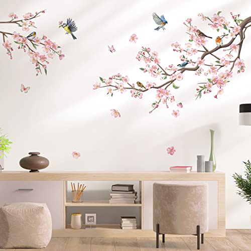 decalmile Wandtattoo Blumen Vögel auf AST Wandaufkleber Blüten Äste Rosa Wandsticker Schlafzimmer Wohnzimmer Babyzimmer Wanddeko von decalmile