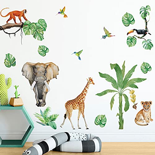 decalmile Wandtattoo Dschungel Safari Tiere Wandaufkleber Elefant Giraffe Tropische Blätter Wandsticker Kinderzimmer Wohnzimmer Babyzimmer Wanddeko von decalmile