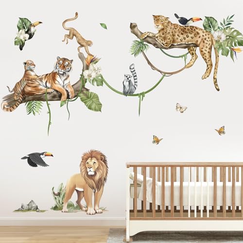 decalmile Wandtattoo Dschungel Tiere Baum Zweig Wandaufkleber Safari Löwe Leopard Tiger Wandsticker Kinderzimmer Babyzimmer Schlafzimmer Wanddeko (XXL) von decalmile