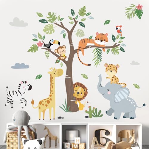 decalmile Wandtattoo Dschungel Waldtiere Baum Wandaufkleber Safari Elefant Giraffe Löwe Wandsticker Babyzimmer Kinderzimmer Schlafzimmer Wanddeko von decalmile