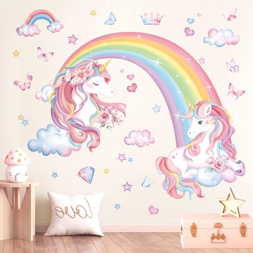 decalmile Wandtattoo Mädchen Regenbogen Einhorn Wandaufkleber Schmetterlinge Wolken Wandsticker Babyzimmer Kinderzimmer Mädchen Schlafzimmer Wanddeko von decalmile