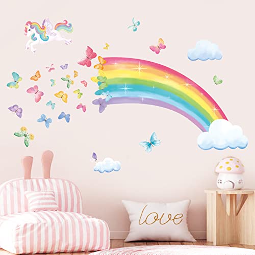 decalmile Wandtattoo Regenbogen Einhorn Wandaufkleber Schmetterlinge Mädchen Wandsticker Schlafzimmer Babyzimmer Kinderzimmer Wanddeko von decalmile