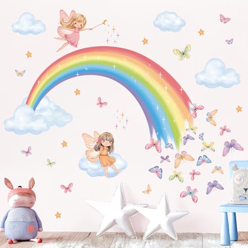 decalmile Wandtattoo Regenbogen Fee Wandaufkleber Schmetterlinge Wolken Sterne Wandsticker Mädchen Schlafzimmer Babyzimmer Kinderzimmer Wanddeko von decalmile