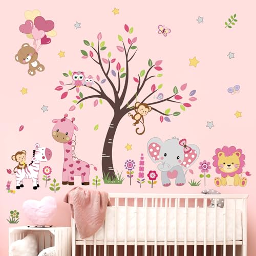 decalmile Wandtattoo Waldtiere Baum Rosa Wandaufkleber Elefant Affe Giraffe Wandsticker Mädchen Schlafzimmer Babyzimmer Kinderzimmer Wanddeko von decalmile