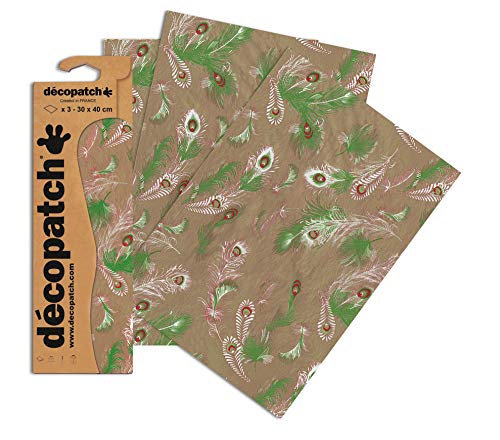 Decopatch Papier No. 586 (Grau Grün Pfauenfeder, 395 x 298 mm) 3er Pack von décopatch