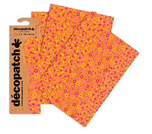 Decopatch Papier No. 594 (orange Blümchen, 395 x 298 mm) 3er Pack von décopatch