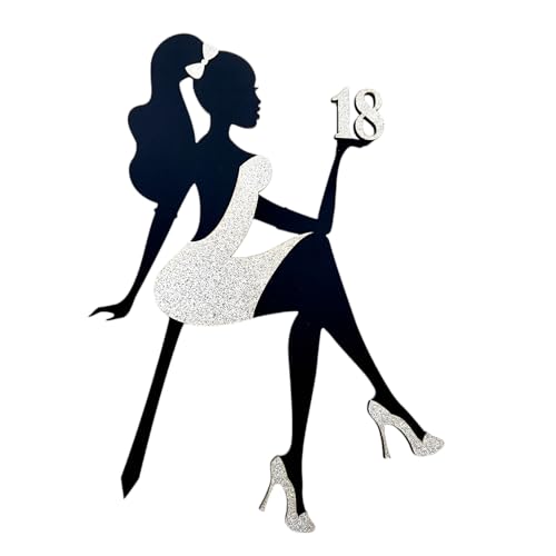 decoresca Kuchendeko Geburtstag mit Alter, 18 Jahre - 24x17 cm - Dame in High Heels, Happy Birthday Tortenaufsatz – Kuchendekoration - Torten Topper Geburtstag in Acryl & Glitter (Silber) von decoresca