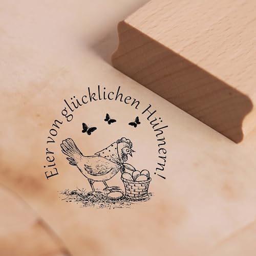 Motivstempel Eier von glücklichen Hühnern - Huhn mit Kopftuch Eierkorb Stempel Ei Landhaus Holzstempel 38 x 38 mm von dekolando