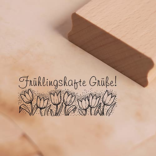 Motivstempel Frühlingshafte Grüße - Tulpen Frühling Stempel Holzstempel 68 x 28 mm von dekolando