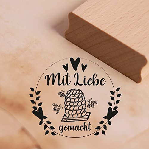 Motivstempel Mit Liebe gemacht - Imker Stempel Bienenkorb Herzen - Honig Etikett Holzstempel 68 x 58 mm von dekolando