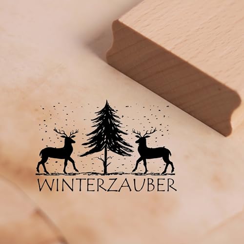 Motivstempel Winterzauber - Hirsche Tanne Winter Stempel Holzstempel 58 x 38 mm von dekolando