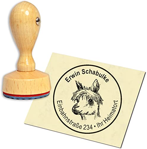 Stempel Adressstempel Holzstempel - Alpaka Kopf Lama - rund ∅ 40mm personalisiert als Firmenstempel Namensstempel Bürostempel von dekolando