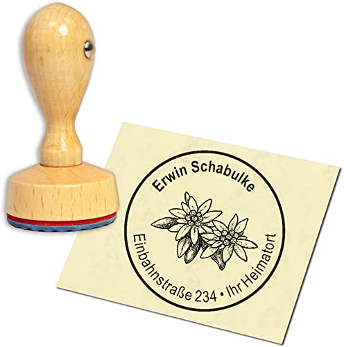 Stempel Adressstempel Holzstempel - Alpen Edelweiss - rund ∅ 40mm personalisiert als Firmenstempel Namensstempel Bürostempel von dekolando