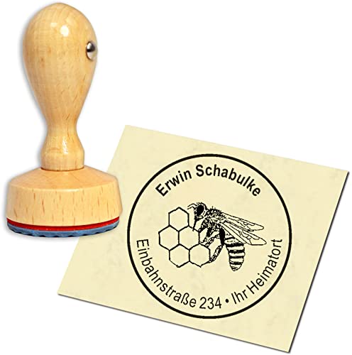 Stempel Adressstempel Holzstempel - Biene mit Wabe - rund ∅ 40mm personalisiert als Firmenstempel Namensstempel Bürostempel von dekolando