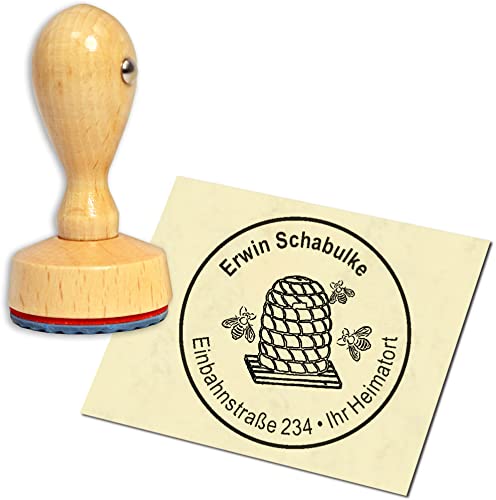 Stempel Adressstempel Holzstempel - Bienenstock mit Bienen - rund ∅ 40mm personalisiert als Firmenstempel Namensstempel Bürostempel von dekolando