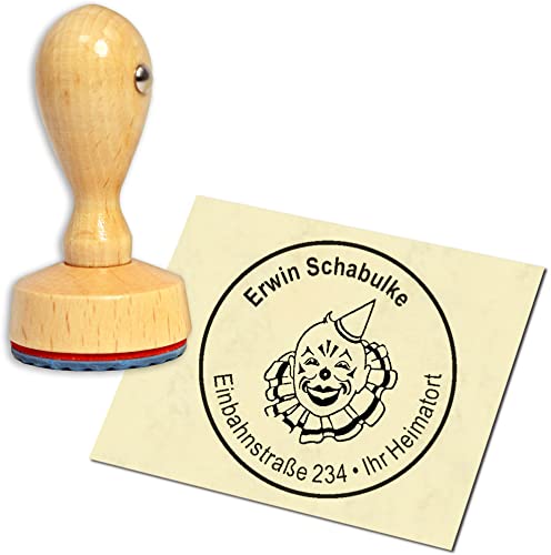 Stempel Adressstempel Holzstempel - Clown - rund ∅ 40mm personalisiert als Firmenstempel Namensstempel Bürostempel von dekolando