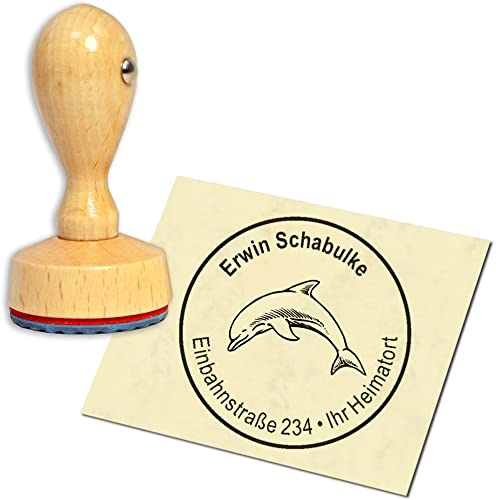 Stempel Adressstempel Holzstempel - Delfin - rund ∅ 40mm personalisiert als Firmenstempel Namensstempel Bürostempel von dekolando