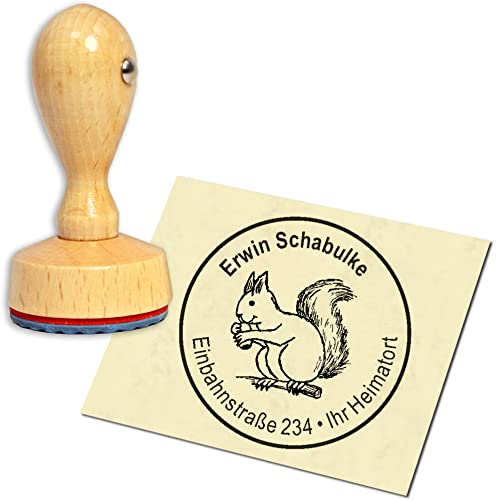 Stempel Adressstempel Holzstempel - Eichhörnchen mit Nuss - rund ∅ 40mm personalisiert als Firmenstempel Namensstempel Bürostempel von dekolando