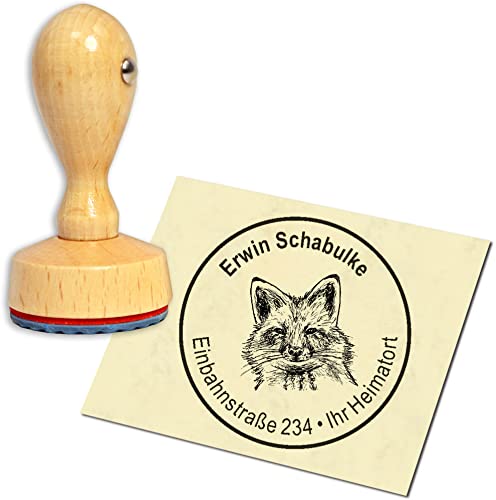 Stempel Adressstempel Holzstempel - Fuchs Kopf - rund ∅ 40mm personalisiert als Firmenstempel Namensstempel Bürostempel von dekolando