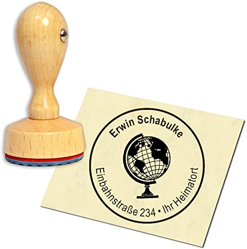 Stempel Adressstempel Holzstempel - Globus - rund ∅ 40mm personalisiert als Firmenstempel Namensstempel Bürostempel von dekolando