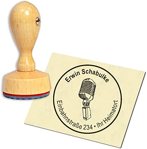 Stempel Adressstempel Holzstempel - Mikrofon - rund ∅ 40mm personalisiert als Firmenstempel Namensstempel Bürostempel von dekolando