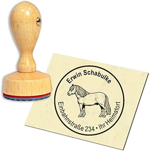 Stempel Adressstempel Holzstempel - Shetlandpony Pferd - rund ∅ 40mm personalisiert als Firmenstempel Namensstempel Bürostempel von dekolando
