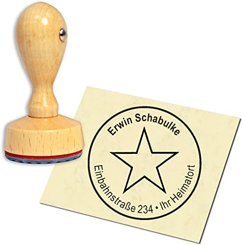 Stempel Adressstempel Holzstempel - Stern - rund ∅ 40mm personalisiert als Firmenstempel Namensstempel Bürostempel von dekolando