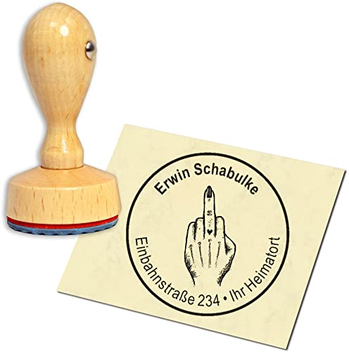 Stempel Adressstempel Holzstempel - Stinkefinger Frau - rund ∅ 40mm personalisiert als Firmenstempel Namensstempel Bürostempel von dekolando