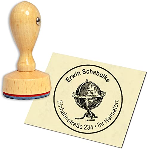 Stempel Adressstempel Holzstempel - antiker Globus - rund ∅ 40mm personalisiert als Firmenstempel Namensstempel Bürostempel von dekolando